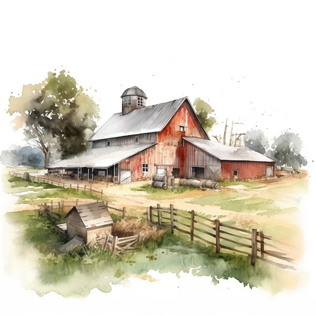 A watercolor painting of a red barn