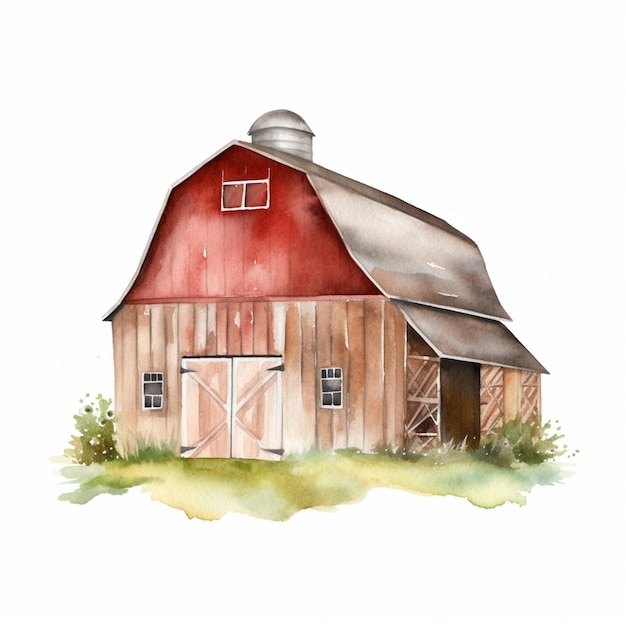 Watercolor painting of a red barn