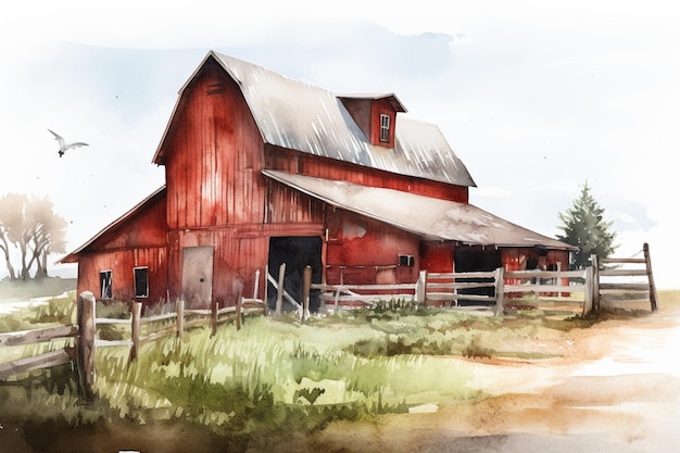 A watercolor painting of a red barn