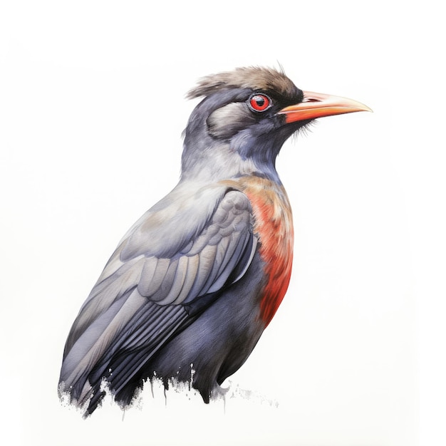 Watercolor painting of red billed oxpecker with white background