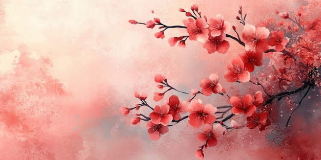 Watercolor Painting of Red Blossoms on a Branch