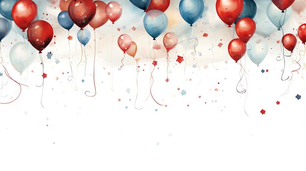 a watercolor painting of red blue and blue balloons