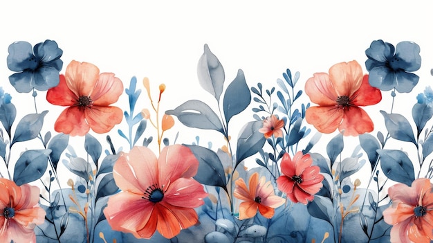 Watercolor Painting of Red and Blue Flowers