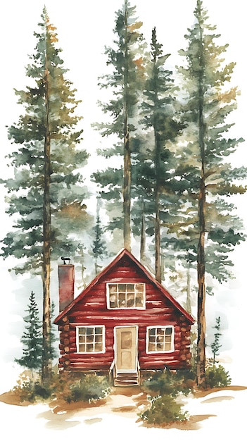 Photo watercolor painting of a red cabin in the woods