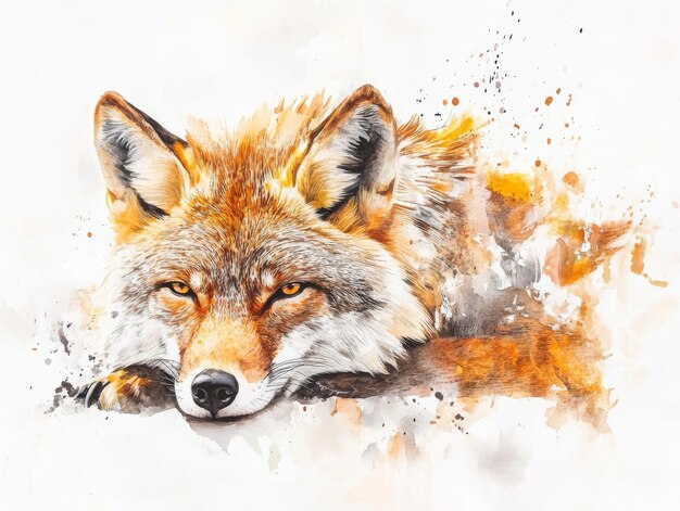 Photo watercolor painting of a red fox with splashes of color