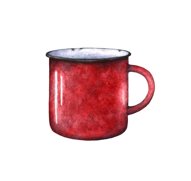 Watercolor painting of a red mug with a black outline and a white background