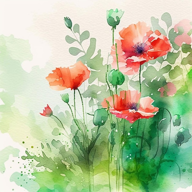 A watercolor painting of red poppies in green and pink