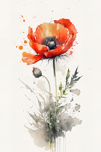 Watercolor painting of a red poppy with spray paint and spray paint.