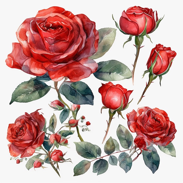 A watercolor painting of red roses with green leaves and a red one