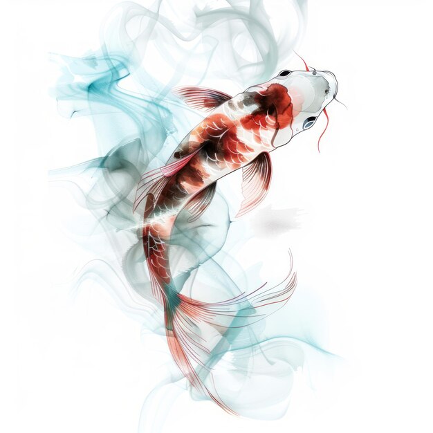 Watercolor painting of a red and white koi fish swimming in blue and gray smoke