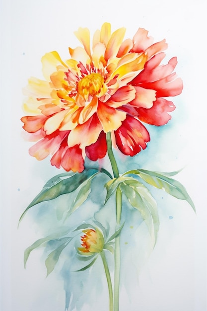 A watercolor painting of a red and yellow peony