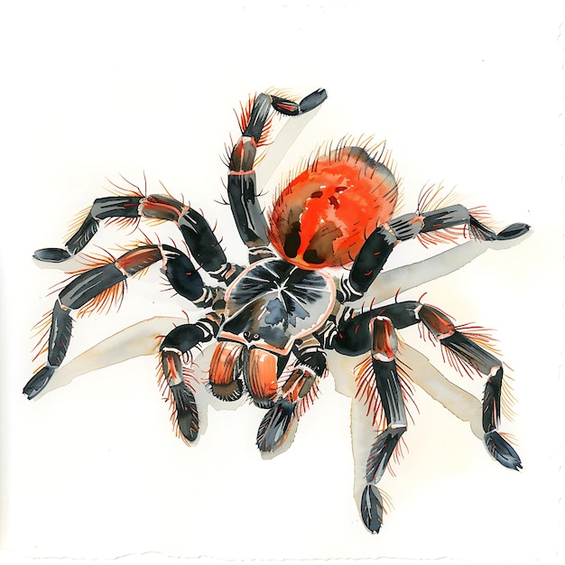 Photo watercolor painting of a redorange tarantula spider