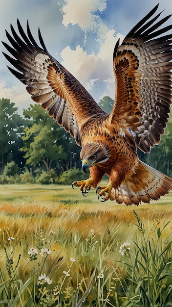 Watercolor painting A redtailed hawk circling above a meadow its keen eyesight and swift flight ensu