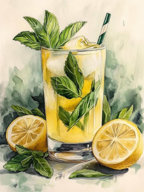 Photo watercolor painting of a refreshing lemonade drink