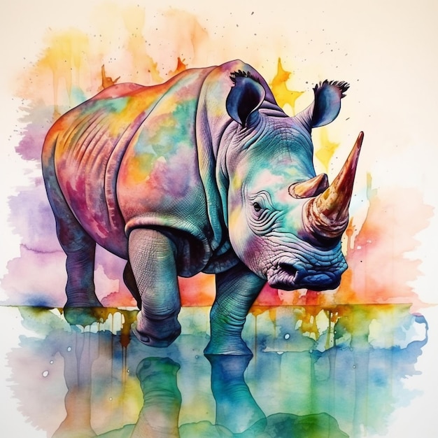 A watercolor painting of a rhinoceros.