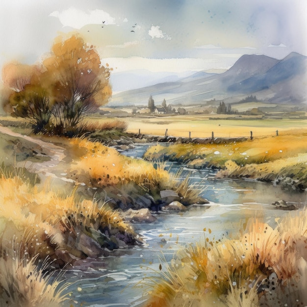 A watercolor painting of a river in the countryside.