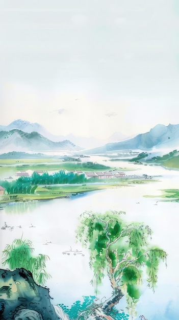 a watercolor painting of a river and mountains