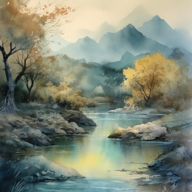 Watercolor painting of a river in the mountains