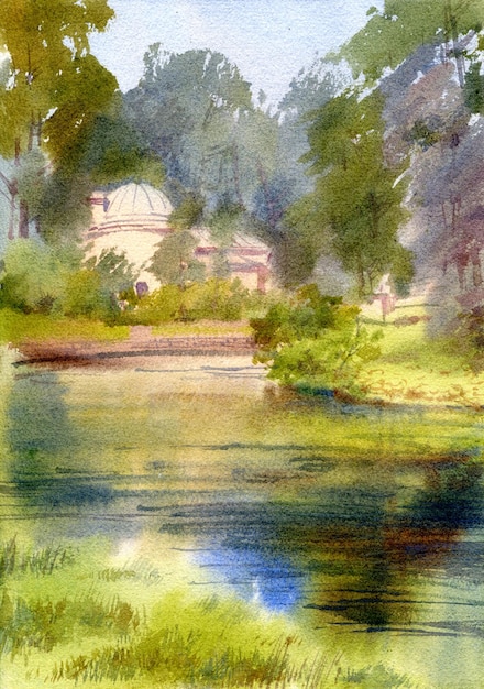 a watercolor painting of a river with a building in the background