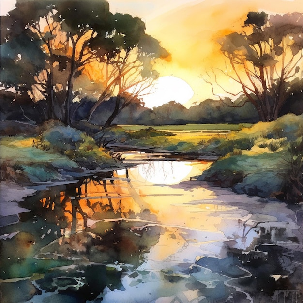 A watercolor painting of a river with a sunset in the background.