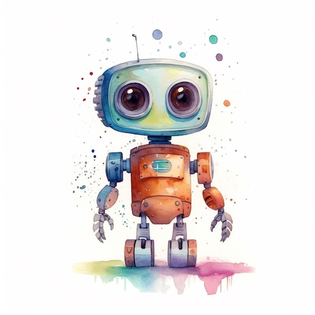 A watercolor painting of a robot with a big brown eyes.