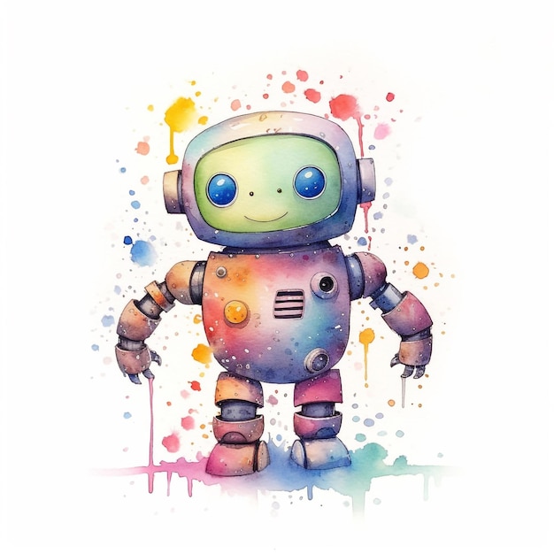 A watercolor painting of a robot with a blue face.