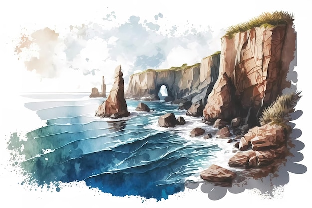 A watercolor painting of a rocky coast with a sea cave in the background.