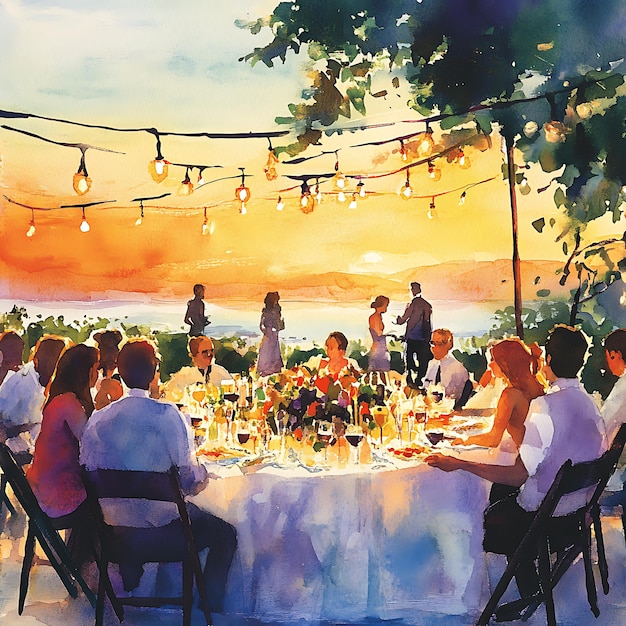 Watercolor Painting of a Romantic Dinner Party Under String Lights