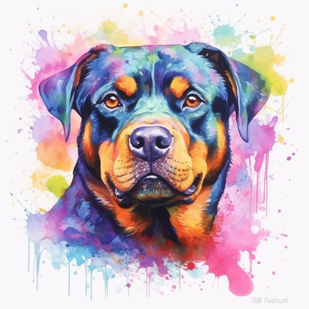 A watercolor painting of a rottweiler dog.