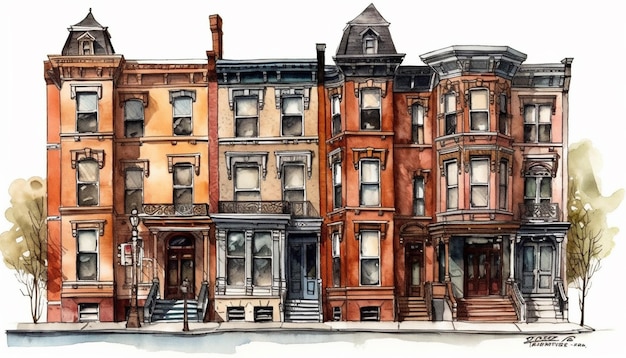 A watercolor painting of a row of buildings with one that says philadelphia on it.