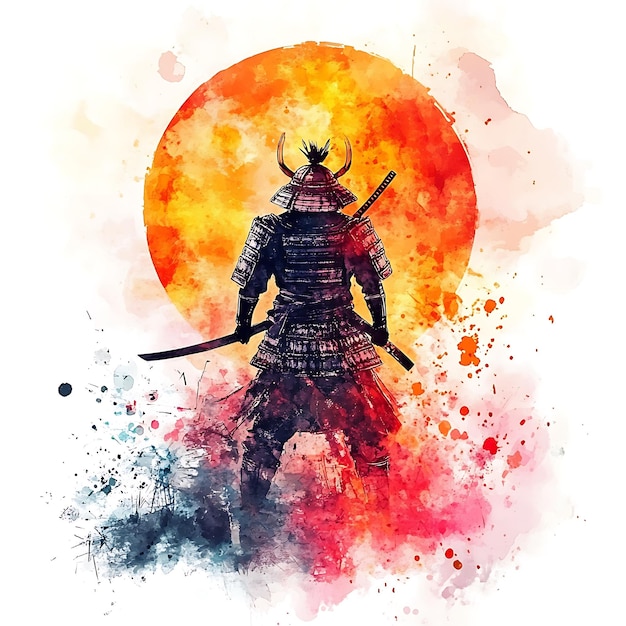 Photo watercolor painting of a samurai warrior standing in front of a setting sun