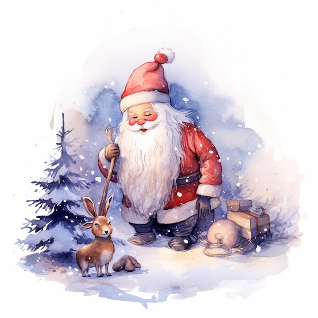 A watercolor painting of santa claus and a reindeer