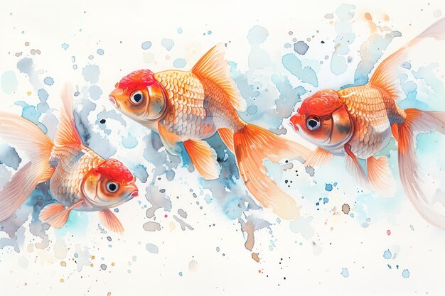 Photo watercolor painting of a school of goldfish swimming in clear water