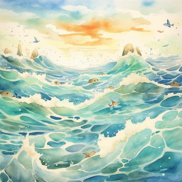 A watercolor painting of a sea scene with a seagull flying above the waves.