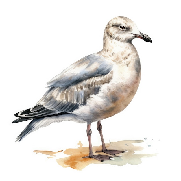 A watercolor painting of a seagull with a blue eye