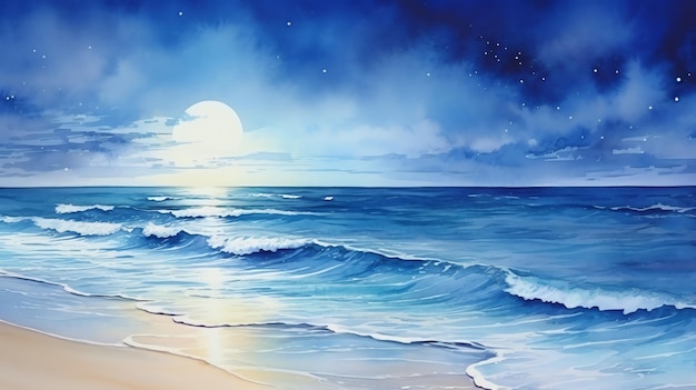 Photo watercolor painting of a serene beach scene under the soft glow of moonlight