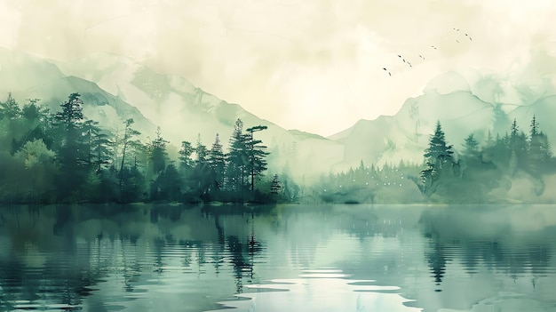 A watercolor painting of a serene lake surrounded by mountains and trees