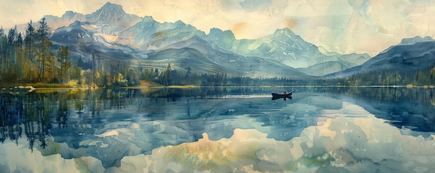 Photo a watercolor painting of a serene mountain lake reflecting the towering peaks above its surface shimmering with tranquility while a lone canoe drifts peacefully across the water