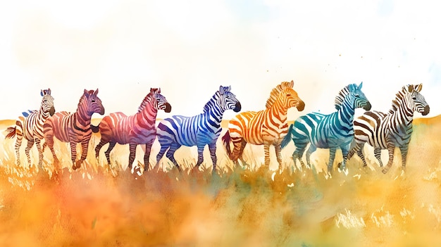 Photo watercolor painting of seven multicolored zebras in a savanna setting