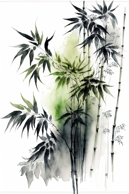 watercolor painting, several bamboo