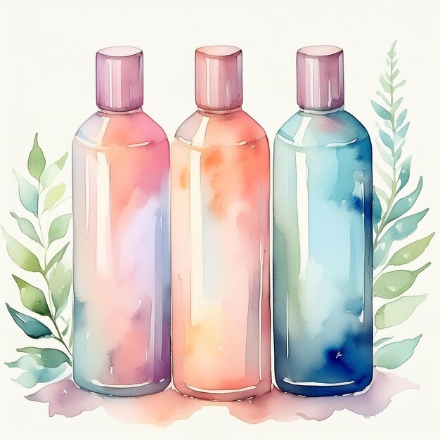 Watercolor painting of shampoo bottles isolated on white Hygiene and beauty Organic cosmetics