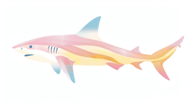 A watercolor painting of a shark The shark is pink yellow and blue It is facing the left of the viewer The shark has a large fin and a long tail