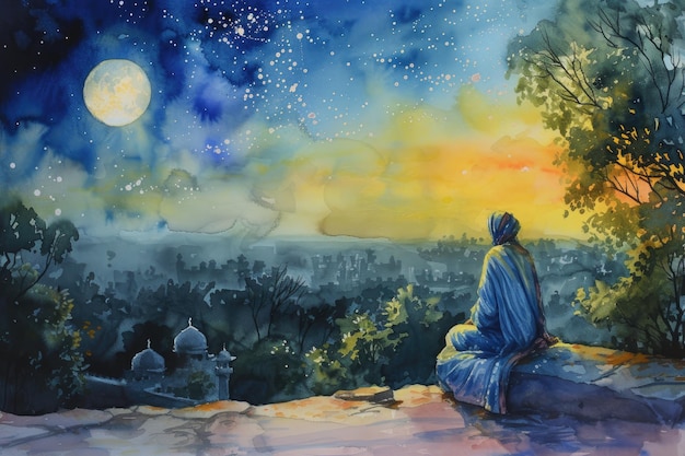 watercolor painting showcasing the peaceful Ramadan nights