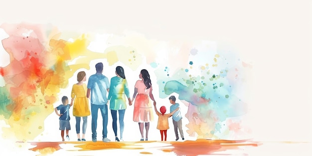 The watercolor painting shows a family of six walking away from the viewer The family is holding hands