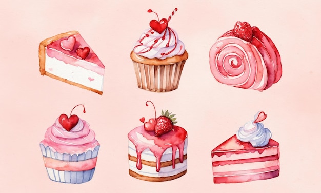 Photo watercolor painting of six pink and red heartshaped cakes