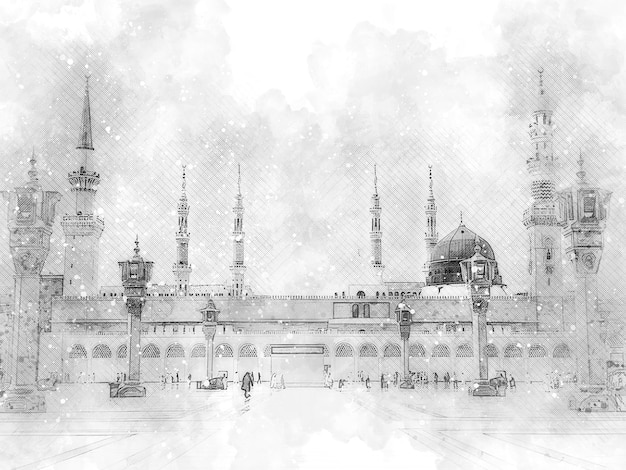 watercolor painting sketch black and white of a green mosque with a green dome prophet mosque in medina saudi arabia