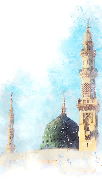 watercolor painting sketch of a green mosque with a green dome prophet mosque in medina saudi arabia