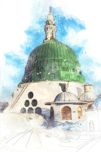 watercolor painting sketch of a green mosque with a green dome prophet mosque in medina saudi arabia