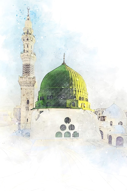 watercolor painting sketch of a green mosque with a green dome prophet mosque in medina saudi arabia