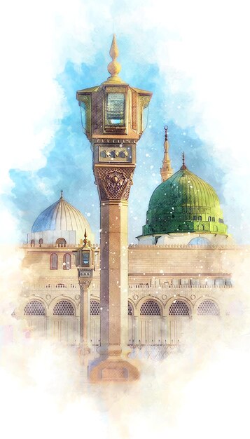 watercolor painting sketch of a green mosque with a green dome prophet mosque in medina saudi arabia